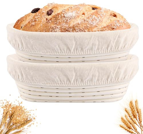 GBACHOOSE 2 cestas de fermentación ovaladas, cestas de fermentación con forro de lino, diámetro de 25 cm, accesorio para panadería, molde de fermentación para pan y masa de pan