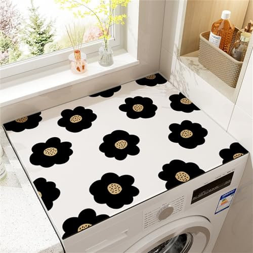 Morbuy Waschmaschinenauflage rutschfest Schwarz Blumen Waschmaschine Auflage Saugfähig Schnelltrocknend Waschmaschinenabdeckung Weiche und Zuschneidbare für Trockner Kühlschrank (60x60cm,Weiß)