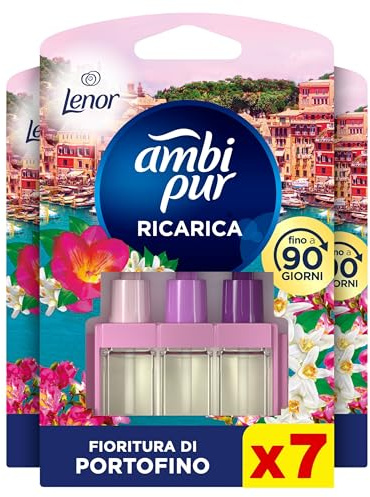 Ambi Pur 3Volution Ricarica Profumatore Elettrico, 7 Pezzi, Lenor Portofino | Tecnologia elimina odori, fragranza Fioritura di Portofino, fino a 90 dni