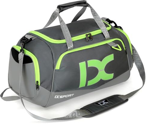 INOXTO Borsone da viaggio sportivo pieghevole grande con tasche asciutte e bagnate e scomparto per scarpe, uomo e donna, borsone da campeggio notturno per il fine settimana (Grigio con verde fluo)