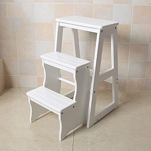 PUFAHAU 2-Stufen-Leiter, zusammenklappbarer Tritthocker mit stabilem und breitem Pedal, für Erwachsene, Küchen-Holzleitern, kleine Fußhocker, Schuhbank/Blumenregal für den Innenb(White)