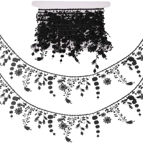 GORGECRAFT 5M Bestickter Spitzenbesatz Mit Quaste Schwarze Blume Venezianisches Band Blumenmuster Nähen Häkelstoff Stickerei Hochzeitsapplikation Aufnäher Aufkleber Für Heimwerker Baste