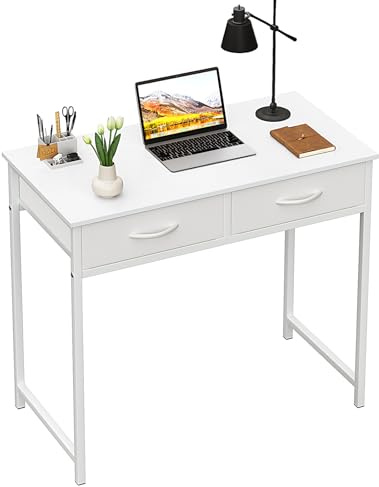 WOHOMO Små datorskrivbord med lådor, 81,5 cm vitt sminkbord med förvaring, hemmakontor datorskrivbord för små utrymmen, modernt arbetsbord, vitt