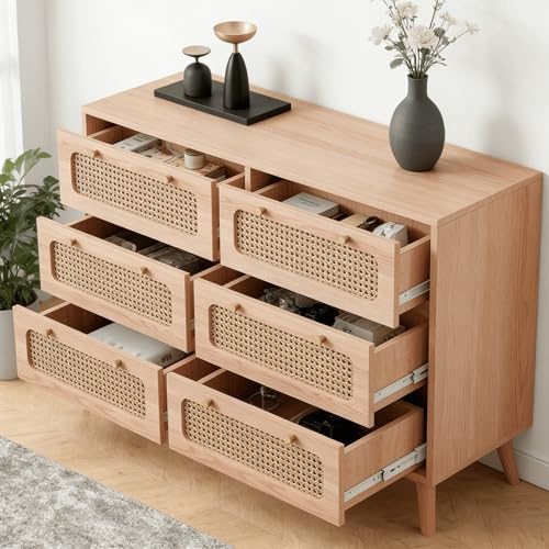 Julyue Kommode mit 6 Schubladen, Rattan Kommode Schlafzimmer, Moderne Kommode, Holzkommode mit goldenen Griffen, Sideboard, Aufbewahrungskommode für Flur, Wohnzimmer, Schlafzimmer