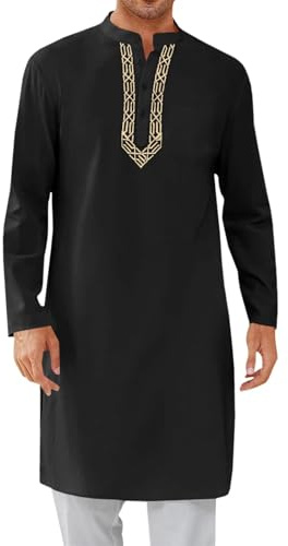 RUMAOZIA Abbigliamento Marocchino Uomo Abaya Uomo Kaftan Cotone Abbigliamento Islamico da Preghiera per Uomini Burka Araba Abbigliamento Ramadan Vestiti Musulmani Maniche Lunghe Tuniche Retrò, O nero