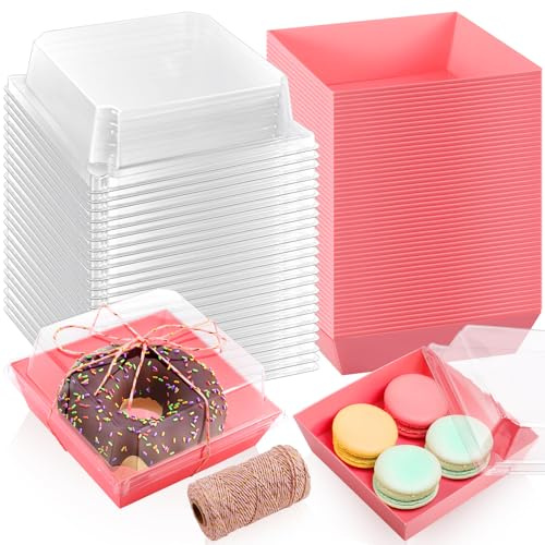 Preocea 100Pack Paper Charcuterie Boxes with Clear Lids, 11.9x11.9 cm, Pink | Square Bakery Boxes, Small Dessert Box To Go Food Containers with Twine for Charcuterie Sandwich Strawberries Cookie