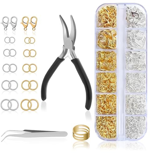 1443 Stück Biegeringe für Schmuckherstellung, Metall Offene Ringe und Hummer Verschlüsse Kit mit Biegeringzange Pinzette Biegeringe Öffner, Schmuckzubehör Kit, DIY Armbänder Handwerk(Silber und Gold)