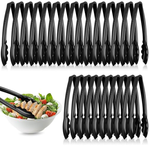 Tessco for you 25 Pcs Plastic Tongs for Serving Bulk, 9 Inch Plastic Disposable Serving Tongs Heavy Duty Salad Utensils for Kitchen Buffets BBQ Events Catering (Black)