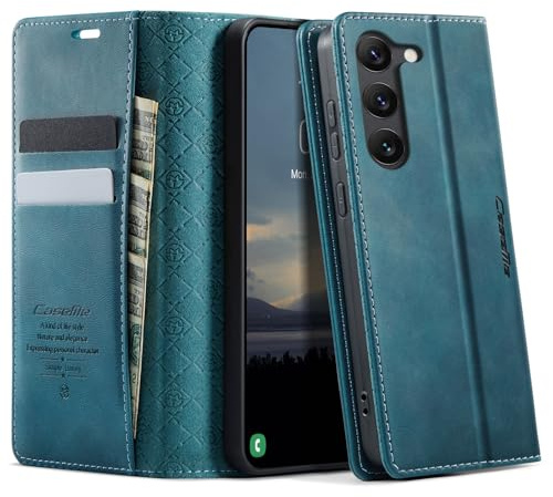 KZB für Samsung Galaxy S23 Hülle, Magnet Leder Klapphülle RFID Schutz | Retro PU Leder, 2 Kartenfach, Standfunktion, Stoßfest, Flip Case, Handyhülle für Galaxy S23 5G 6,1'', Blaugrün