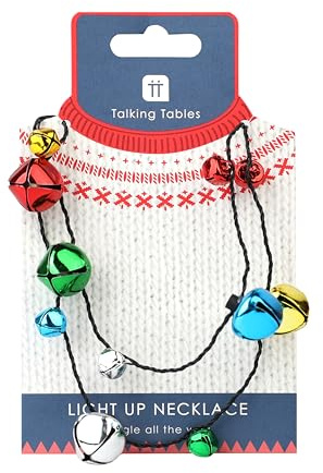 Talking Tables Christmas Light Up Led Necklace Bulbs with Jingling Bells, Novelty Xmas Dress Up for Christmas 3 x Light Modes, Party Costume Accessories, Office Parties, Stocking Filler,