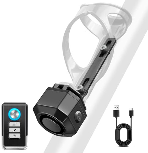 Cruxer Fahrrad Alarmanlage mit L-Förmiger Halterung für Trinkflaschenhalter, über USB Aufladbar, Lautstärke und Empfindlichkeit Einstellbar (110 dB), Diebstahlschutz-Vibrationsalarm mit Fernbedienung