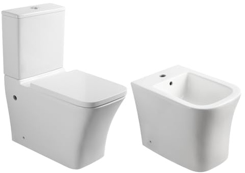 Wc Inodoro Completo Compacto Adosado a Pared Cuadrado con Sistema Rimless | Wc Completo con Salida Dual y Asiento Amortiguado + Bide