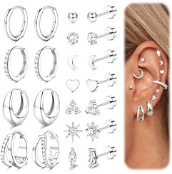 Blahanna Hypoallergenic 14K White Gold Plated Surgical Stainless Steel Flat Back Earrings, Small Cartilage Hoops Huggie and Stud Set for Women Trendy, Helix Piercing Jewelry Gift for Multiple Ear Piercings