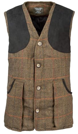 JACK PYKE Men’s Shooting Vest – Brown Tweed Waistcoat with Reinforced Shoulders, Deep Cartridge Pockets with Adjustable Back Strap for Outdoor Hunting & Clay Shooting - Medium