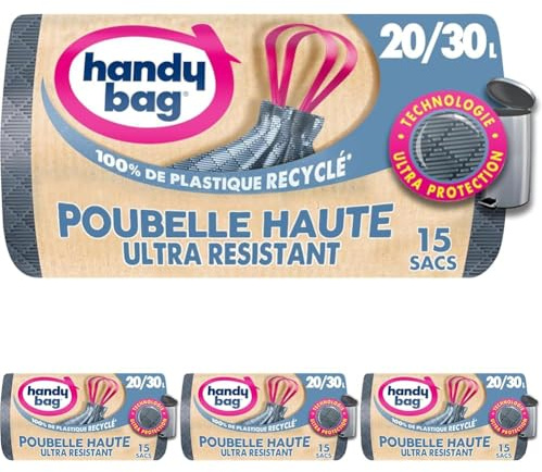 Handy Bag - Sacs poubelle haute à poignées coulissantes 20L/30L x 15 sacs - Technologie Ultra Protection : trame et film triple épaisseur - Étanchéité maximale - 100% plastique recyclé (Lot de 4)