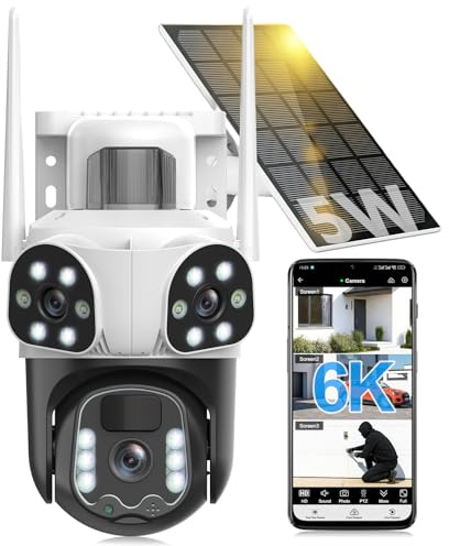 Budsun 12MP Caméra Surveillance WiFi Extérieure à Triple Objectif,355°PTZ Caméra 3-in-1,Détection Humaine avec Panneau Solaire,Suivi Automatique,Vision Couleur,Audio Bidirectionnel,Batterie 10000mAh