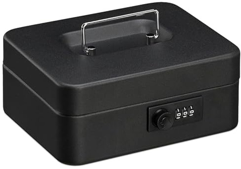 Tracer Cash Saver Metallkassette für Geld mit Zahlenschloss Geheimfach Herausnehmbarer Einsatz Tragegriff Geldkassette Schwarzes Stahl 20 x 16 x 9 cm