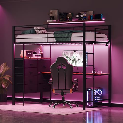 Bonnlo Loft Bunk Bed with Desk, 7 Storage Drawers and 38cm Extra-High Safety Guardrail, Metal Ladder Loft Bed - Charge Station/LED Light, Space-Saving Single High Sleeper Bed for Teens Adults, Black