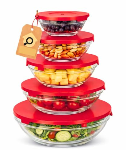 cecaro group - Set 5 Contenitori in Vetro con Coperchi Ermetici Salvafreschezza – 135 ml, 215 ml, 355 ml, 470 ml, 830 ml – Chiusura Ermetica, Vetro Resistente, Colori Assortiti