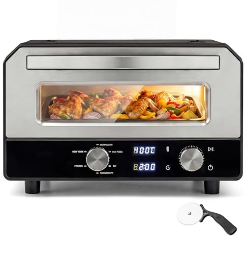 Lifezeal horno eléctrico para pizza, horno de mesa con 6 programas, cocción en 2 minutos, temperatura y tiempo regulables, máquina de mesa para pizza a 400 ℃ con piedra retráctil y pala de pizza