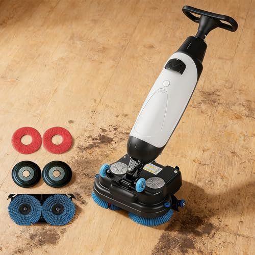 JIYINGHUI 4-in-1 Walk Behind Floor Scrubber Dryer, 17-inch Dual Brush Head, 240 RPM, 120 Min Battery, Deep Cleaning Tile and Grout, Hardwood Floors and Carpets with Ease White