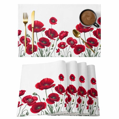 Table Placemats Set of 6 Spring Red Opium Poppy Flower Washable Place Mats Summer Watercolor Plant Non-Slip Insulation Table Mats for Kitchen Dining Party Decoration,13x19 Inch