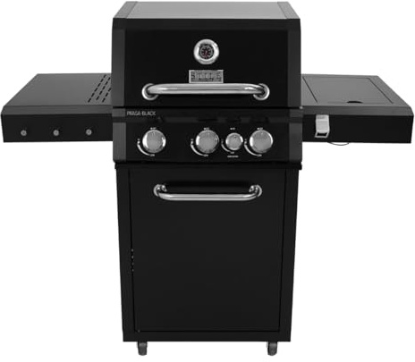 Barbacoa de gas con 3 quemadores + quemador lateral de 13,7 kW – Barbacoa de acero inoxidable con parrillas de hierro fundido, tapa con termómetro, encendido piezoeléctrico | Cocina de jardín