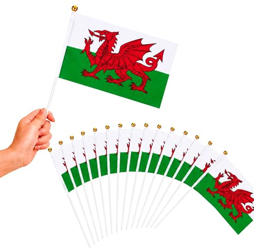 100 Stück Wales Hand winkende Flaggen 15 x 21 cm mit 30 cm Stange – doppelseitige walisische Drachenhandflaggen für Fußballspiele, Gartendekorationen, Pub-Events und Straßenpartys