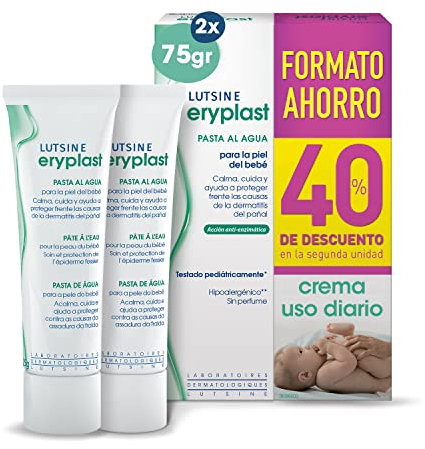Eryplast Pasta al Agua 2x75gr Pack Ahorro 2ªunidad 40%dto - Crema de Pañal para Bebé. Calma, Cuida y Protege la Piel contra Dermatitis de Pañal – Hipoalergénico, Sin Perfume y Testado Pediátricamente.