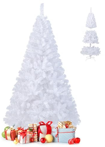 GOPLUS Sapin de Noël Artificiel Blanc 210 cm, Arbre de Nöel avec 950 Branches, Socle en Fer, Feuilles en PVC, Décoration de Noël, Idéal pour Suspendre Guirlande de Lumières et Etoile, 4 Tailles