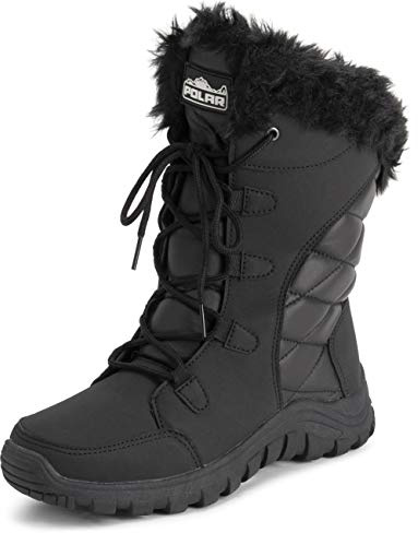 Polar Mujer Acolchada Piel Sintética Cuff Invierno Pata Suela De Goma Durable Nieve Lluvia Al Aire Libre Botas - Negro Cuero - UK6/EU39 - YC0654