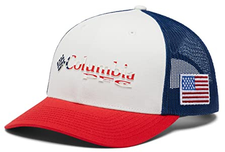 Columbia PFG Logo Snap Back Ball Cap, Breathable, Adjustable, Red Spark/Us Flag, One Size