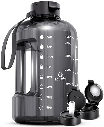 AQUAFIT 4 Litre Water Bottle with Straw - Water Bottle 4L with Time Marker - One Gallon Big Bottle with Straw - Large Bottle For Gym - 2 Lids, Grey