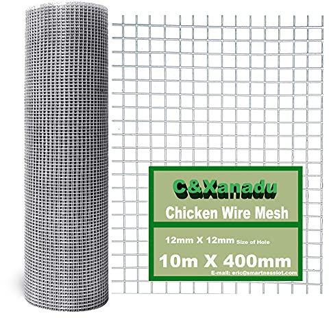 C&Xanad 400mmX10m Chicken Wire Mesh Roll | 12mm X 12mm Holes | 0.9mm /20 Gauge Aviary and Poultry Wire Fencing, Hot Dip Galvanised Welded Mesh Panels