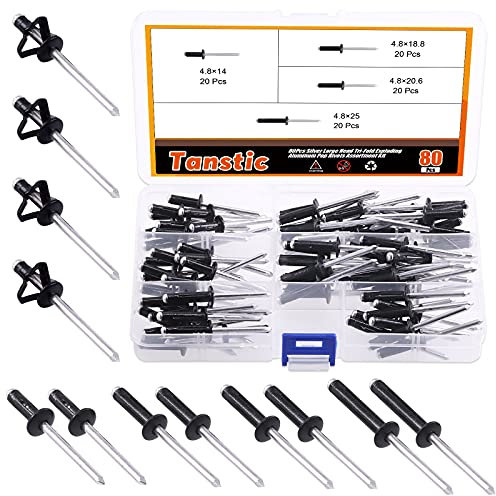 Tanstic 80Pcs 3/16'' x 9/16'' / 3/4'' / 13/16'' / 1 4 Sizes Flange Aluminum Blind Rivets Large Head Tri-Fold Exploding Pop Rivets Assortment Kit (Black)