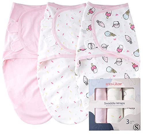 insular Baby Swaddle Wrap, Swaddle Blanket for Newborn and Infant, Adjustable Swaddling Set for Boy and Girl, Soft Cotton Baby Sleep Sack 3 Pack, Ice Cream, Medium(3-6 Month)