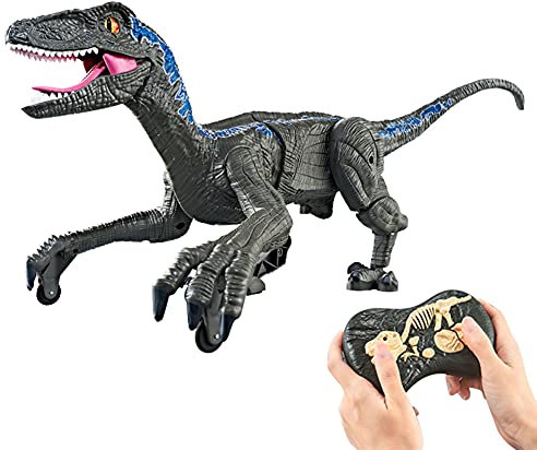 Ferngesteuerte Dinosaurier Spielzeug, RC Dinosaurier Elektrospielzeug mit LED Leuchten Augen, Gehen und Brüllen, Realistische Velociraptor Roboter Geschenk für Jungen Kinder