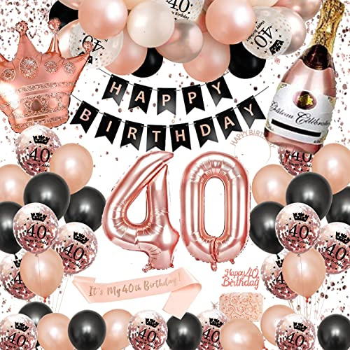Ballons d'anniversaire 40 ans, SWPEED Décoration pour femme Or rose et noir Joyeux Décoration Fête Anniversaire Bannière de Happy Birthday Ballon à confettis pour femmes adultes 40 ans