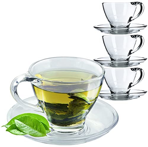 KADAX Juego de tazas de cristal con base, 200 ml/250 ml, juego de tazas de cristal transparente, taza de té, taza de café, tazas con plato, taza de cristal con plato (4 unidades)