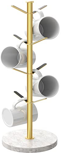 Gypie Porte-tasses doré avec base en marbre, 8 crochets, support de tasses à café, support amovible pour cuisine et café