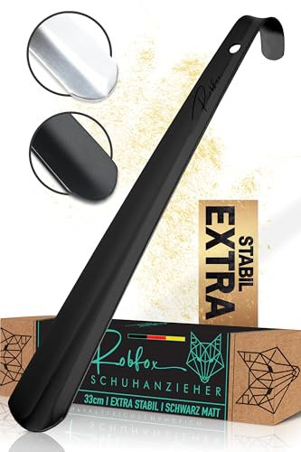 Robfox Edelstahl Schuhlöffel, 33cm lang, Schwarz-Matt I Extra stabil & optimal langer Schuhanzieher I Anziehhilfe klein & kurz I Metall Schuhloeffel - Shoe Horn I Elegant mit Design-Verpackung