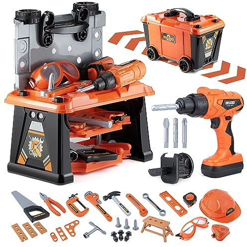 ZEALOUS TOYS Kids Tool Bench-Zealous 79pcs Transformable Set, Toddler Workbench Toy with Electric Drill, Pretend Construction Playset for Boys Girls Age 3+, Orange & Black, HB3222-3