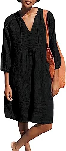 Lafural Womens V Neck Cotton Casual Loose Shift Tunic Smock Summer Dresses Vacation Dress 3/4 Sleeve Pocket Black L