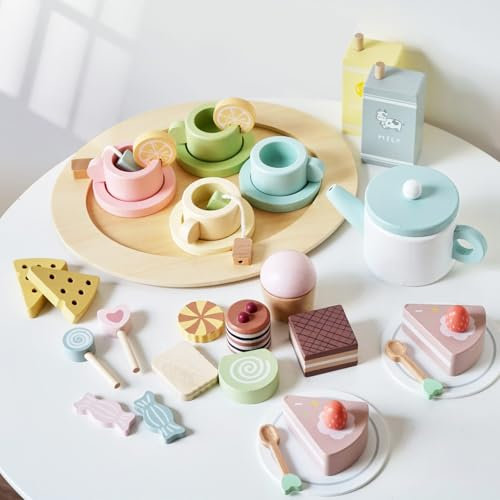 Smartwo 34PCS Wooden Teacup, Food and Plate Set for Toddler Tea Party, Pretend Play Coffee Dessert Cakes, Kids Kitchen Shop Accessories, Role Play Toys, Children Gift for Boys Girls 3 4 5 6 Years Old