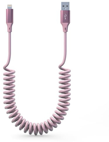 Câble Lightning Spirale Aple Carplay [Certifié MFi] iPhone Voiture Court avec Synchronisation de Données, Cordon de Chargeur Rétractable pour Pad/Pod, Rose