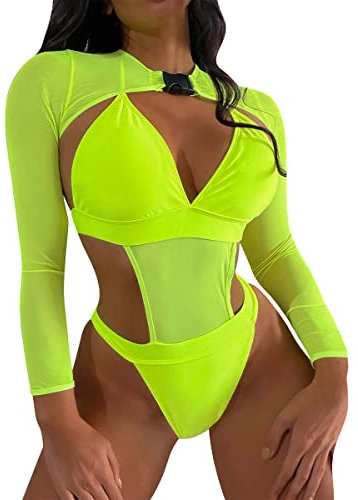 FYMNSI Damen Rave Outfits Techno Neon Body Crop Top mit Schnalle Langarm Badeanz?ge Bikini R?ckenfrei Monokini Y2K Mesh Raver Outfit f?r Festival Clubwear Party Strand Cover Up Bademode Gr?n S