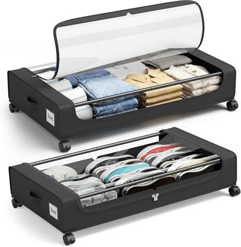 PHINOX Contenitori portaoggetti sotto il letto con ruote, organizer per scarpe sotto il letto con maniglie rinforzate con finestra trasparente, grande cassetto portaoggetti sotto il letto per vestiti,