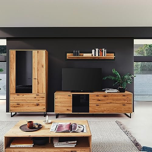 Lomadox Wohnwand Wohnzimmermöbel Set braun 4-teilig Wildeiche Teilmassiv | 1 Vitrine, 1 TV-Lowboard, 1 Wandboard, 1 Couchtisch