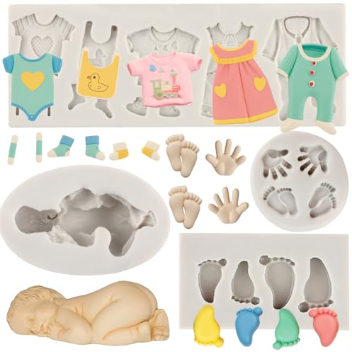 MYPRACS Lot De 4 Moules À Fondant En Silicone Pour Bébé Thème Fête Prénatale Cupcakes Vêtements De Bébé Mains Pieds Moules Pour Décoration De Gâteaux Cupcakes Bonbons Pâte À Gomme Argile Polymère