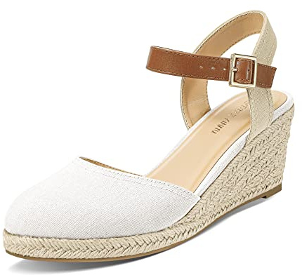 PIZZ ANNU Sandales Femme Été Espadrille Compensées Plateforme Plates Chaussures à Bout fermé Confort Bride Cheville Vintage Vacances Talon Blanc EU 38